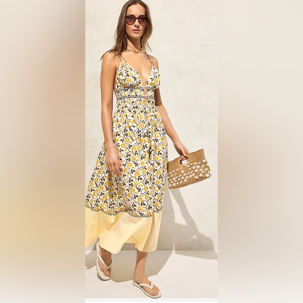 NWT JCrew Cotton voile plunge maxi dress in daffodil daze block print